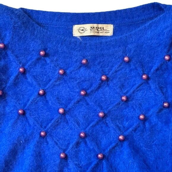 Vintage 80s Angora Sweater Women’s Med Fuzzy Blue Purple Pearl Embellished - Picture 14 of 14